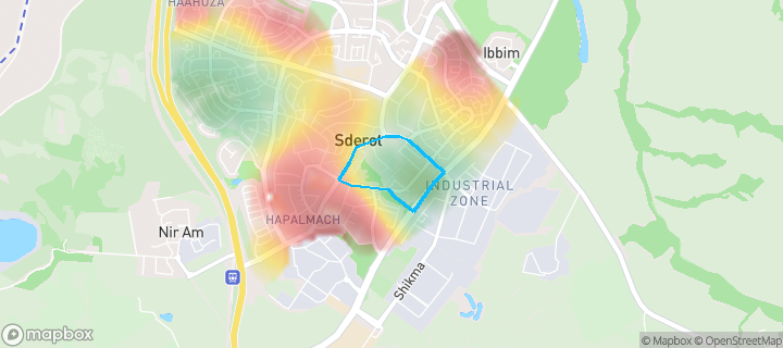 מפת חום של מחירי הנדל"ן בשכונת נווה אשכול, שדרות — אזורים יקרים בגווני חם, אזורים זולים בגווני קר