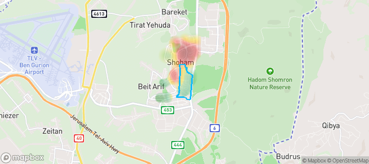 מפת חום של מחירי הנדל"ן בשכונת דרום 1, שהם — אזורים יקרים בגווני חם, אזורים זולים בגווני קר