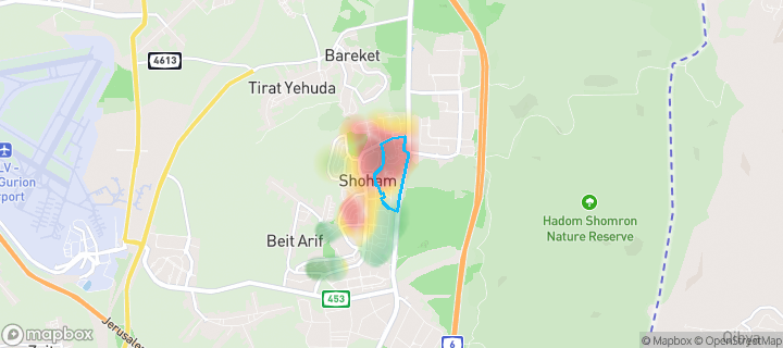 מפת חום של מחירי הנדל"ן בשכונת מרכז, שהם — אזורים יקרים בגווני חם, אזורים זולים בגווני קר
