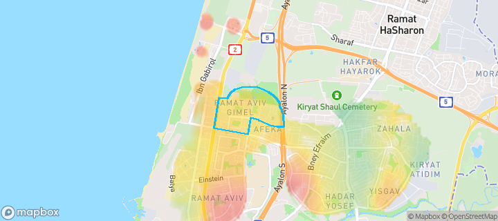 מפת חום של מחירי הנדל"ן בשכונת 'רמת אביב ג, תל אביב יפו — אזורים יקרים בגווני חם, אזורים זולים בגווני קר
