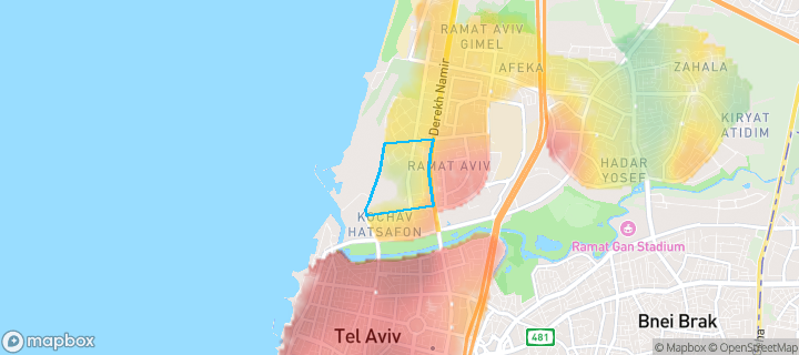 מפת חום של מחירי הנדל"ן בשכונת 'תכנית ל, תל אביב יפו — אזורים יקרים בגווני חם, אזורים זולים בגווני קר