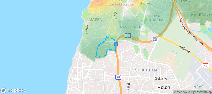 מפת חום של מחירי הנדל"ן בשכונת (יפו ד' (גבעת התמרים, תל אביב יפו — אזורים יקרים בגווני חם, אזורים זולים בגווני קר