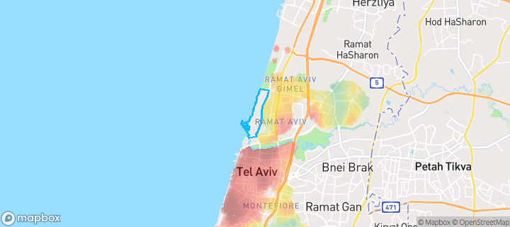 מפת חום של מחירי הנדל"ן בשכונת אזור שדה דב, תל אביב יפו — אזורים יקרים בגווני חם, אזורים זולים בגווני קר