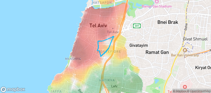 מפת חום של מחירי הנדל"ן בשכונת גני שרונה, קרית הממשלה, תל אביב יפו — אזורים יקרים בגווני חם, אזורים זולים בגווני קר