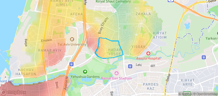 מפת חום של מחירי הנדל"ן בשכונת הדר-יוסף, תל אביב יפו — אזורים יקרים בגווני חם, אזורים זולים בגווני קר