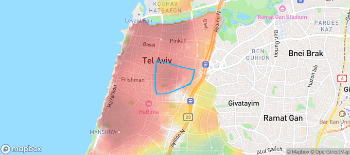 מפת חום של מחירי הנדל"ן בשכונת הצפון החדש-החלק הדרומי, תל אביב יפו — אזורים יקרים בגווני חם, אזורים זולים בגווני קר