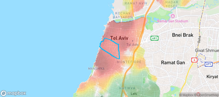 מפת חום של מחירי הנדל"ן בשכונת הצפון הישן-החלק הדרומי, תל אביב יפו — אזורים יקרים בגווני חם, אזורים זולים בגווני קר