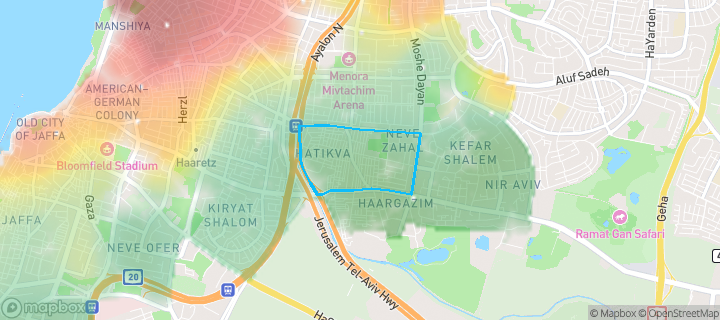 מפת חום של מחירי הנדל"ן בשכונת התקוה, תל אביב יפו — אזורים יקרים בגווני חם, אזורים זולים בגווני קר