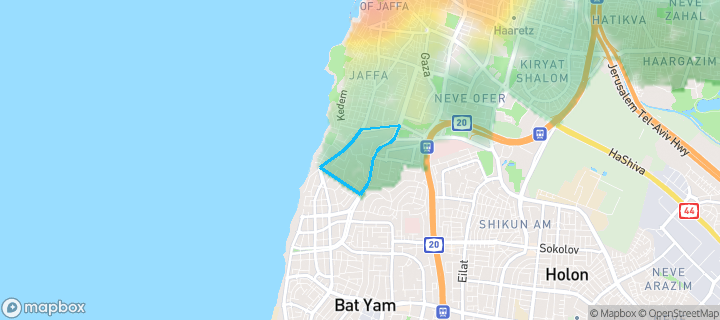 מפת חום של מחירי הנדל"ן בשכונת יפו ג' ונוה גולן, תל אביב יפו — אזורים יקרים בגווני חם, אזורים זולים בגווני קר