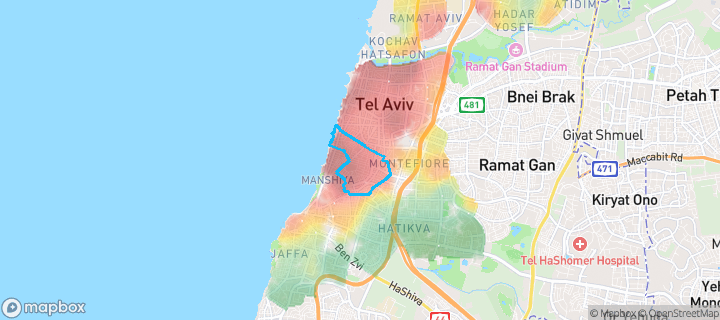 מפת חום של מחירי הנדל"ן בשכונת לב תל-אביב, תל אביב יפו — אזורים יקרים בגווני חם, אזורים זולים בגווני קר