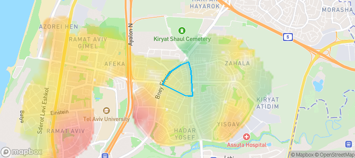 מפת חום של מחירי הנדל"ן בשכונת נאות אפקה ב', תל אביב יפו — אזורים יקרים בגווני חם, אזורים זולים בגווני קר
