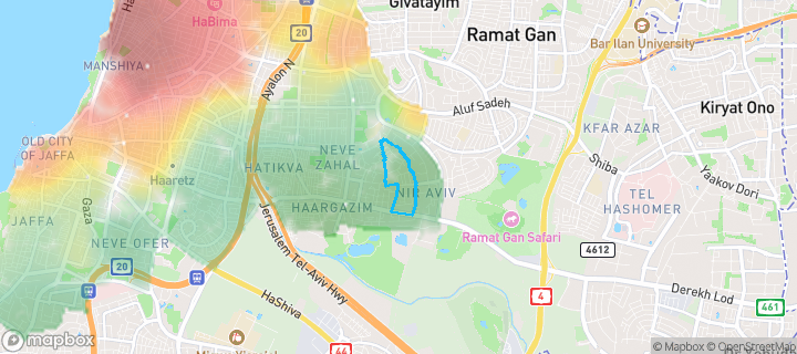 מפת חום של מחירי הנדל"ן בשכונת נוה אליעזר וכפר שלם מזרח, תל אביב יפו — אזורים יקרים בגווני חם, אזורים זולים בגווני קר
