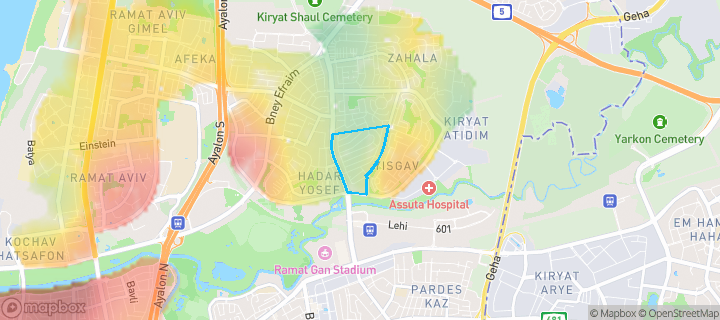 מפת חום של מחירי הנדל"ן בשכונת נוה דן, תל אביב יפו — אזורים יקרים בגווני חם, אזורים זולים בגווני קר