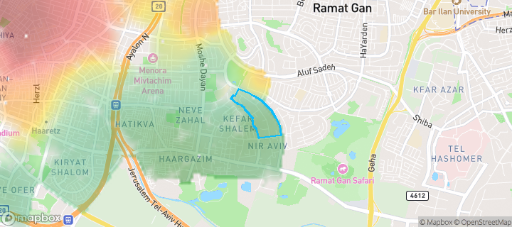 מפת חום של מחירי הנדל"ן בשכונת נוה חן, תל אביב יפו — אזורים יקרים בגווני חם, אזורים זולים בגווני קר