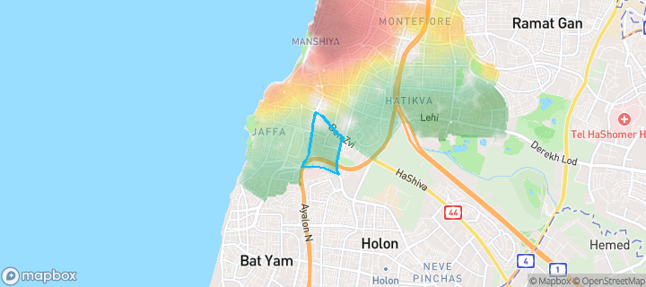 מפת חום של מחירי הנדל"ן בשכונת נווה עופר, תל כביר, תל אביב יפו — אזורים יקרים בגווני חם, אזורים זולים בגווני קר