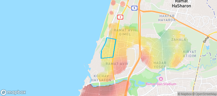 מפת חום של מחירי הנדל"ן בשכונת נופי ים, תל אביב יפו — אזורים יקרים בגווני חם, אזורים זולים בגווני קר