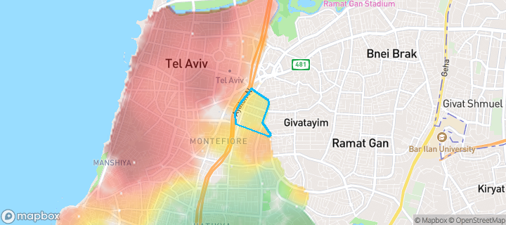 מפת חום של מחירי הנדל"ן בשכונת נחלת יצחק, תל אביב יפו — אזורים יקרים בגווני חם, אזורים זולים בגווני קר