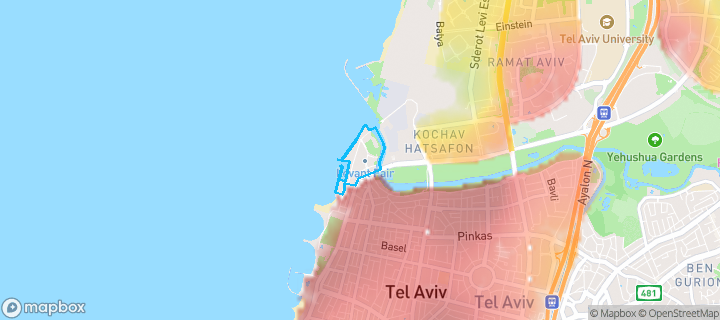 מפת חום של מחירי הנדל"ן בשכונת נמל תל-אביב, תל אביב יפו — אזורים יקרים בגווני חם, אזורים זולים בגווני קר
