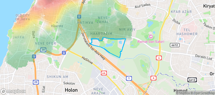 מפת חום של מחירי הנדל"ן בשכונת פארק דרום, תל אביב יפו — אזורים יקרים בגווני חם, אזורים זולים בגווני קר