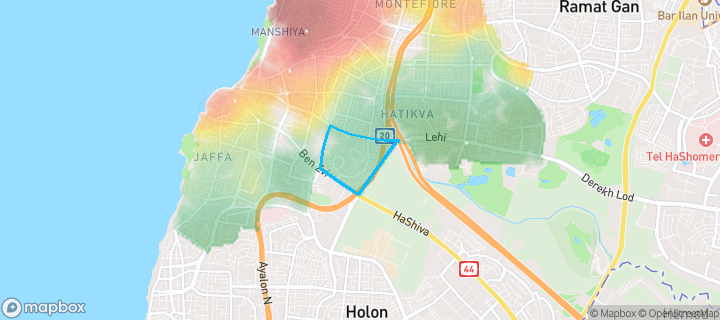 מפת חום של מחירי הנדל"ן בשכונת קרית שלום, תל אביב יפו — אזורים יקרים בגווני חם, אזורים זולים בגווני קר