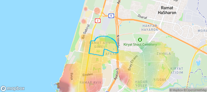 מפת חום של מחירי הנדל"ן בשכונת רמת אביב ג', תל אביב יפו — אזורים יקרים בגווני חם, אזורים זולים בגווני קר