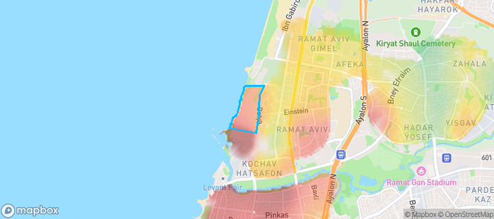 מפת חום של מחירי הנדל"ן בשכונת שדה דב מרכז, תל אביב יפו — אזורים יקרים בגווני חם, אזורים זולים בגווני קר