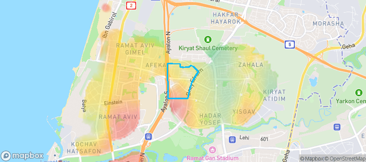 מפת חום של מחירי הנדל"ן בשכונת תל ברוך, תל אביב יפו — אזורים יקרים בגווני חם, אזורים זולים בגווני קר