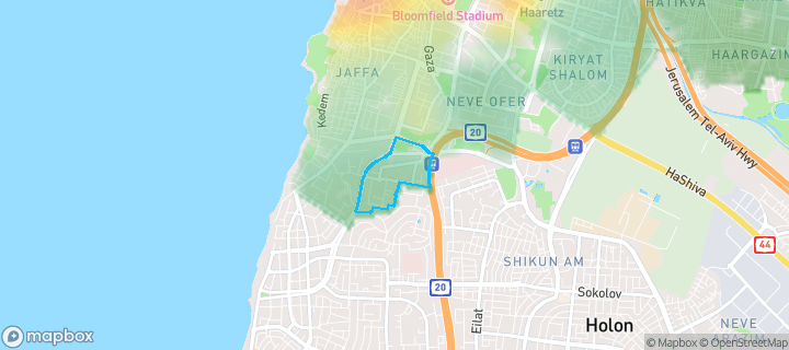 מפת חום של מחירי הנדל"ן בשכונת (יפו ד' (גבעת התמרים, תל אביב - יפו — אזורים יקרים בגווני חם, אזורים זולים בגווני קר