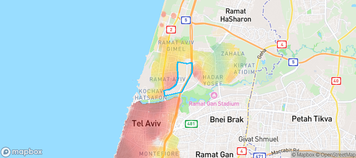 מפת חום של מחירי הנדל"ן בשכונת אוניברסיטת ת"א, תל אביב - יפו — אזורים יקרים בגווני חם, אזורים זולים בגווני קר