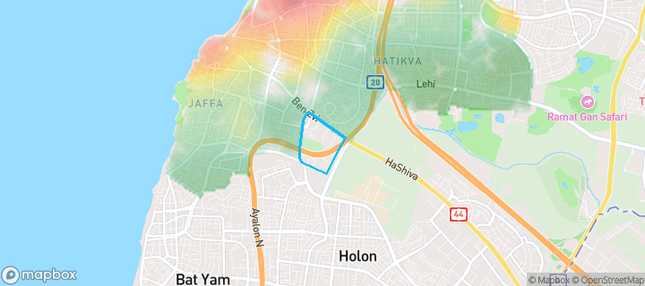 מפת חום של מחירי הנדל"ן בשכונת אזור תעסוקה-צומת חולון, תל אביב - יפו — אזורים יקרים בגווני חם, אזורים זולים בגווני קר
