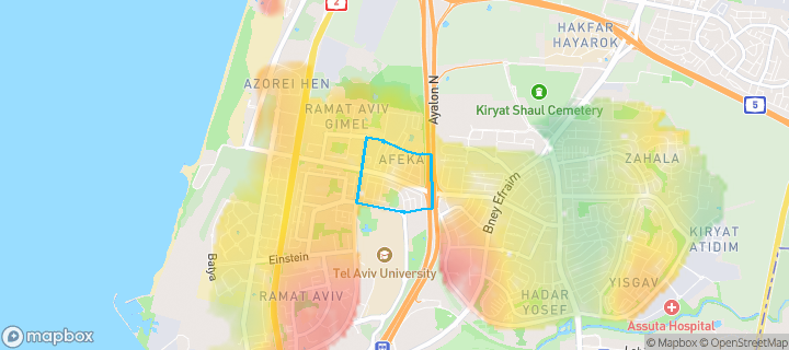מפת חום של מחירי הנדל"ן בשכונת אפקה, תל אביב - יפו — אזורים יקרים בגווני חם, אזורים זולים בגווני קר