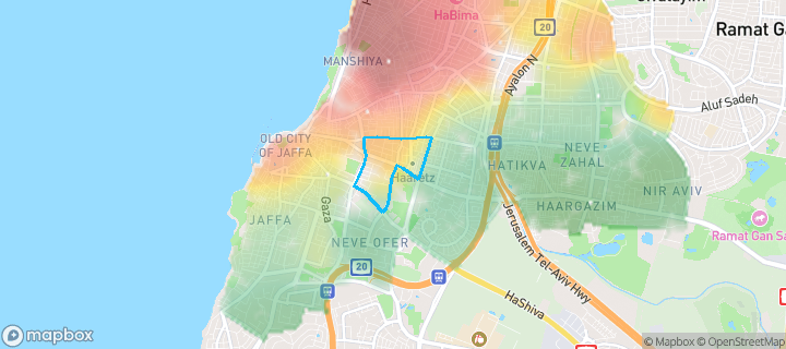 מפת חום של מחירי הנדל"ן בשכונת גבעת הרצל, אזור המלאכה-יפו, תל אביב - יפו — אזורים יקרים בגווני חם, אזורים זולים בגווני קר