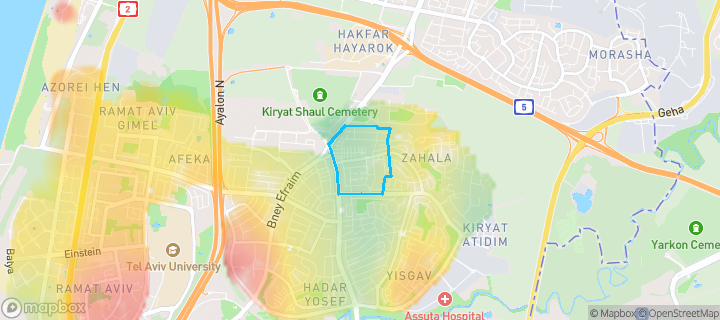 מפת חום של מחירי הנדל"ן בשכונת גני צהלה, רמות צהלה, תל אביב - יפו — אזורים יקרים בגווני חם, אזורים זולים בגווני קר