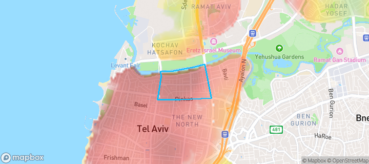 מפת חום של מחירי הנדל"ן בשכונת הצפון החדש - החלק הצפוני, תל אביב - יפו — אזורים יקרים בגווני חם, אזורים זולים בגווני קר