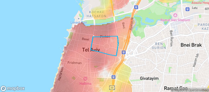 מפת חום של מחירי הנדל"ן בשכונת הצפון החדש-סביבת ככר המדינה, תל אביב - יפו — אזורים יקרים בגווני חם, אזורים זולים בגווני קר