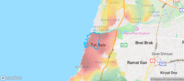 מפת חום של מחירי הנדל"ן בשכונת הצפון הישן - החלק הצפוני, תל אביב - יפו — אזורים יקרים בגווני חם, אזורים זולים בגווני קר