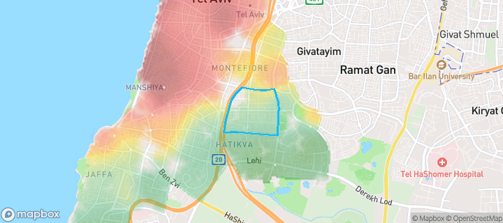 מפת חום של מחירי הנדל"ן בשכונת יד אליהו, תל אביב - יפו — אזורים יקרים בגווני חם, אזורים זולים בגווני קר