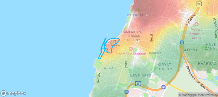 מפת חום של מחירי הנדל"ן בשכונת יפו העתיקה,נמל יפו, תל אביב - יפו — אזורים יקרים בגווני חם, אזורים זולים בגווני קר