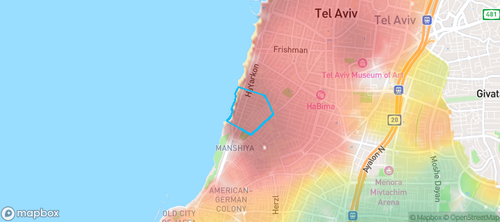 מפת חום של מחירי הנדל"ן בשכונת כרם התימנים, תל אביב - יפו — אזורים יקרים בגווני חם, אזורים זולים בגווני קר