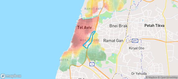 מפת חום של מחירי הנדל"ן בשכונת מונטיפיורי, תל אביב - יפו — אזורים יקרים בגווני חם, אזורים זולים בגווני קר