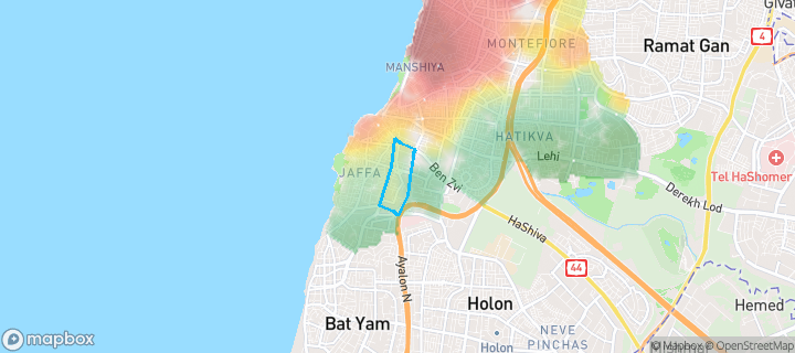 מפת חום של מחירי הנדל"ן בשכונת מכללת יפו תל אביב ודקר, תל אביב - יפו — אזורים יקרים בגווני חם, אזורים זולים בגווני קר