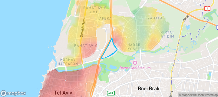 מפת חום של מחירי הנדל"ן בשכונת מרכז הירידים, תל אביב - יפו — אזורים יקרים בגווני חם, אזורים זולים בגווני קר