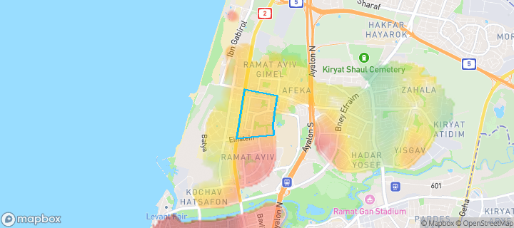 מפת חום של מחירי הנדל"ן בשכונת נוה אביבים וסביבתה, תל אביב - יפו — אזורים יקרים בגווני חם, אזורים זולים בגווני קר