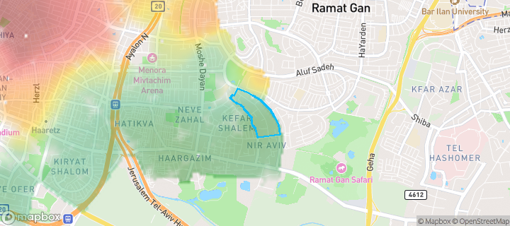 מפת חום של מחירי הנדל"ן בשכונת נוה חן, תל אביב - יפו — אזורים יקרים בגווני חם, אזורים זולים בגווני קר