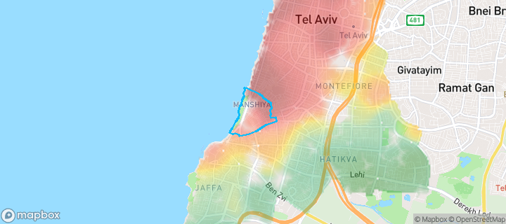 מפת חום של מחירי הנדל"ן בשכונת נוה צדק, תל אביב - יפו — אזורים יקרים בגווני חם, אזורים זולים בגווני קר