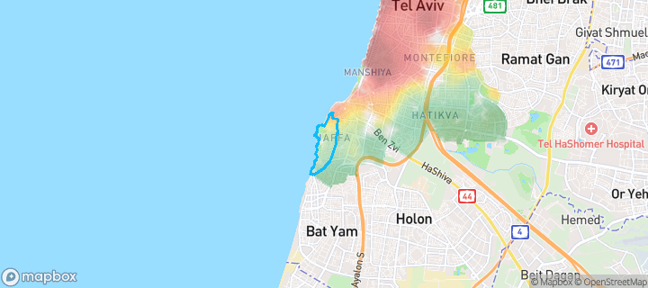 מפת חום של מחירי הנדל"ן בשכונת עג'מי וגבעת עליה, תל אביב - יפו — אזורים יקרים בגווני חם, אזורים זולים בגווני קר