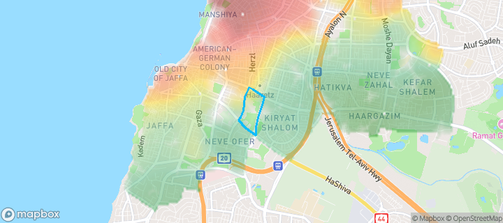 מפת חום של מחירי הנדל"ן בשכונת פארק החורשות, תל אביב - יפו — אזורים יקרים בגווני חם, אזורים זולים בגווני קר