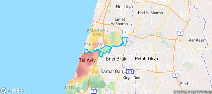 מפת חום של מחירי הנדל"ן בשכונת פארק הירקון, תל אביב - יפו — אזורים יקרים בגווני חם, אזורים זולים בגווני קר