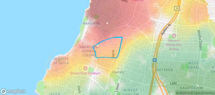 מפת חום של מחירי הנדל"ן בשכונת פלורנטין, תל אביב - יפו — אזורים יקרים בגווני חם, אזורים זולים בגווני קר