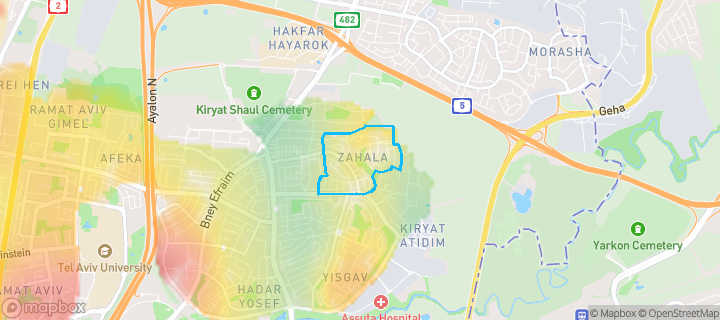 מפת חום של מחירי הנדל"ן בשכונת צהלה, תל אביב - יפו — אזורים יקרים בגווני חם, אזורים זולים בגווני קר